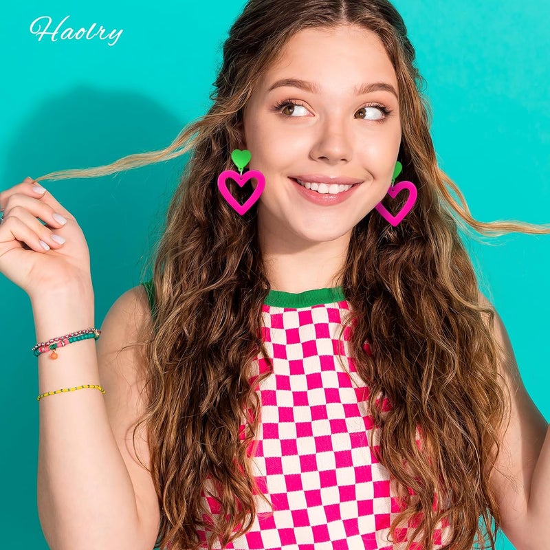 HOLYRY Neon Heart Earrings for Women Acrylic Neon Earrings 80s 90s Outfit for Women Glow Party Accessories Gifts Hot Pink Orange Green Yellow - Image 3